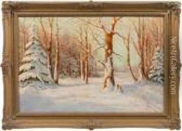 Winterlandschaft Mit Verschneitem Fuhrweg Am Wald Oil Painting - Walter Moras