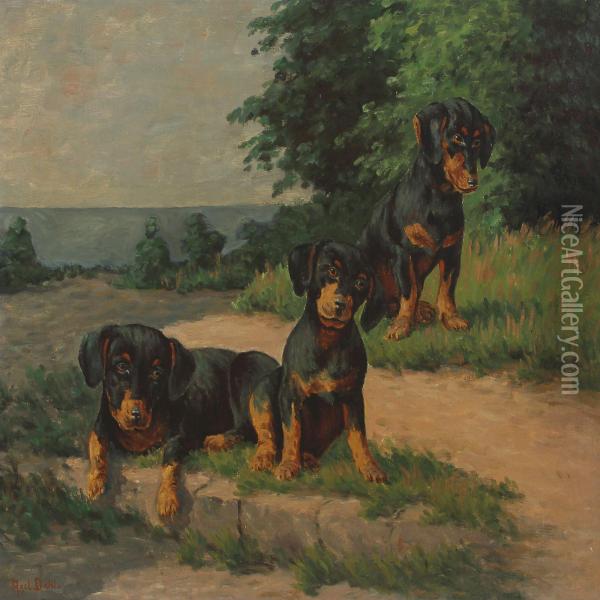 Scenery With Dax Puppies Oil Painting - Axel Dahl