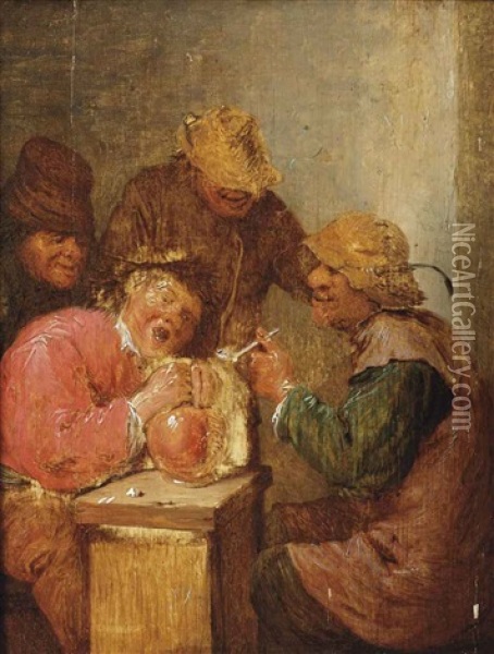 Four Peasants Drinking And Smoking In An Interior Oil Painting - Adriaen Brouwer