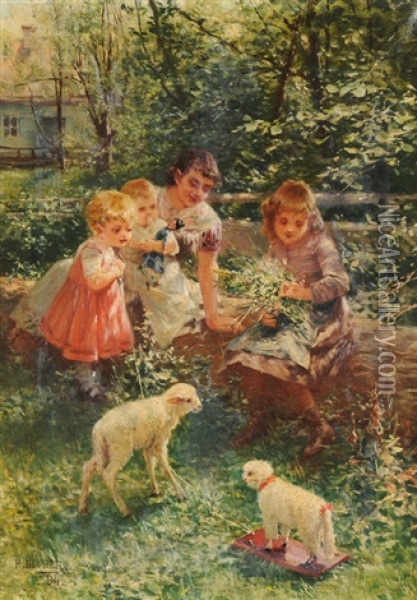Mutter Und Kinder Im Garten Oil Painting - Hermann Neuber