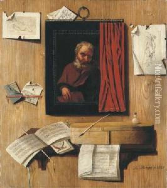 A Trompe-l'oeil With A Partially
 Covered Painting Of An Apostle,prints And Letters On A Wall, And 
Manuscripts, An Inkwell, Quillpen And Other Objects On A Shelf Oil Painting - Andrea Domenico Remps