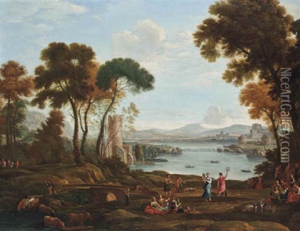 An Arcadian Landscape With Figures Dancing And Others Conversing On A River Bank Oil Painting - Claude Lorrain