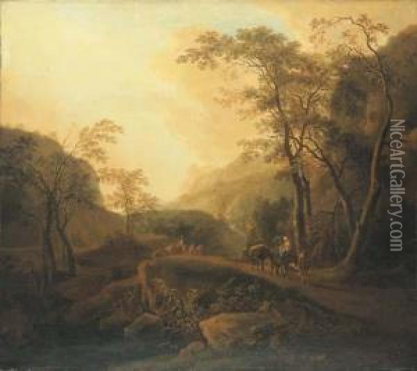 An Italianate Landscape With Travellers On A Wooded Mountain Oil Painting - Isaac de Moucheron