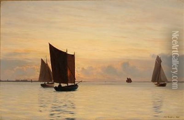 Sailing Ships In The Sunset (in The Archipelago South Of Funen?) Oil Painting - Carl (Jens Erik C.) Rasmussen