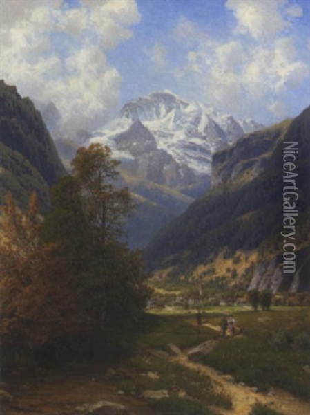 Ortschaft Im Alpental (interlaken?) Oil Painting - Josef Schoyerer