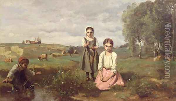 Children beside a brook in the countryside, Lormes Oil Painting - Jean-Baptiste-Camille Corot