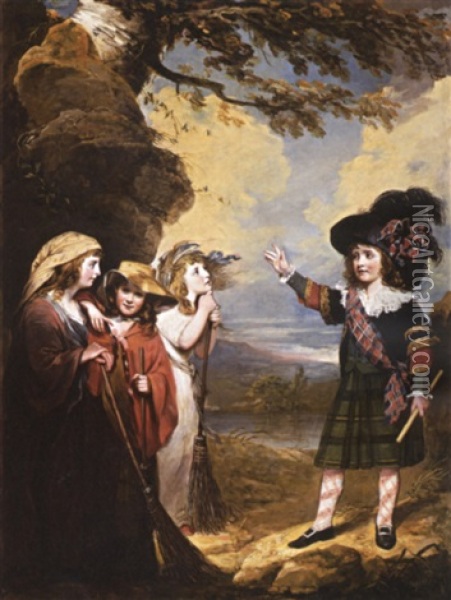 Four Children Play-acting As Macbeth And The Three Witches Oil Painting - John Westbrooke Chandler