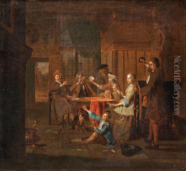 Card Playing Company At The Inn Oil Painting - Jan Jozef, the Younger Horemans