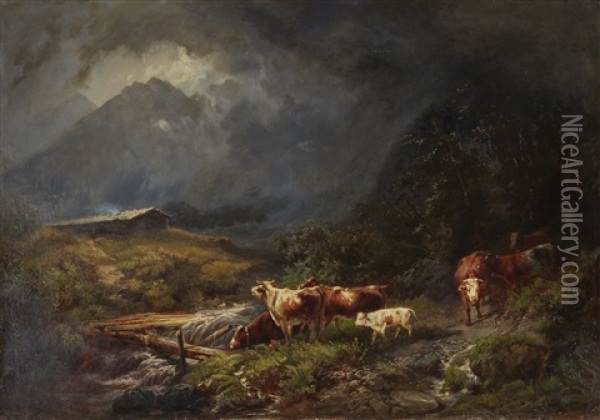 Cows In A Mountainous Landscape Oil Painting - Otto Sommer