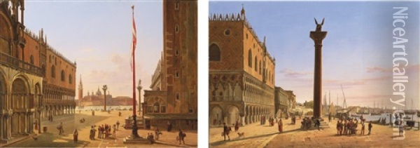 Venice, A View Of The Piazzetta Looking South From Piazza San Marco; Venice, A View Of The Palazzo Ducale Looking East Down The Riva Degli Schiavoni Oil Painting - Frans Vervloet