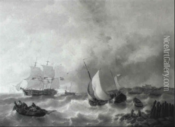 A Smalschip Tacking The Coast In A Stiff Breeze Oil Painting - George Willem Opdenhoff