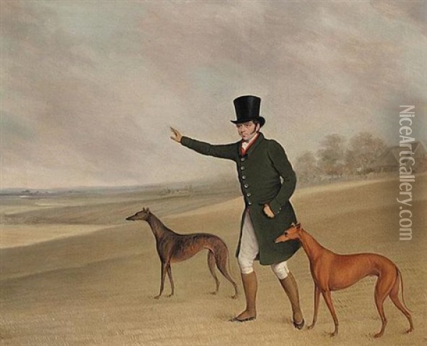 A Gentleman With His Greyhounds In A Landscape Oil Painting - Edwin Cooper