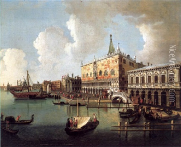 Blick Uber Das Markusbecken Auf Den Dogenpalast, Den Molo Und Die Piazetta In Venedig Oil Painting - Vincenzo Chilone