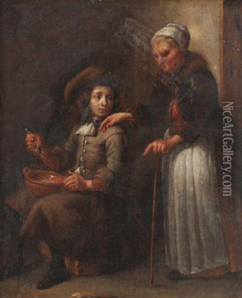 A Peasant Interior With An Old Woman And A Young Boy Eating Oil Painting - Abraham Willemsens
