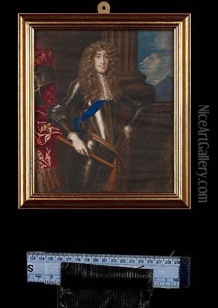 A Pair Of Three-quarter Length Portraits Of James Ii (1633-1701), As Duke Of York And Mary Beatrice Of Modena (1658-1718); He, Wearing Full Armour, Blue Sash Of The Order Of The Garter And White Lace Jabot, He Holds A Staff, His Plumed Helmet On Red Drape Oil Painting - Richard Gibson