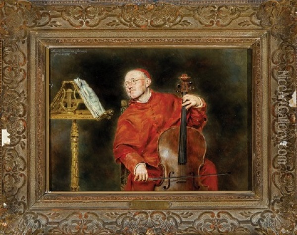 Cardinal Playing Cello Oil Painting - Antonio Casanova y Estorach