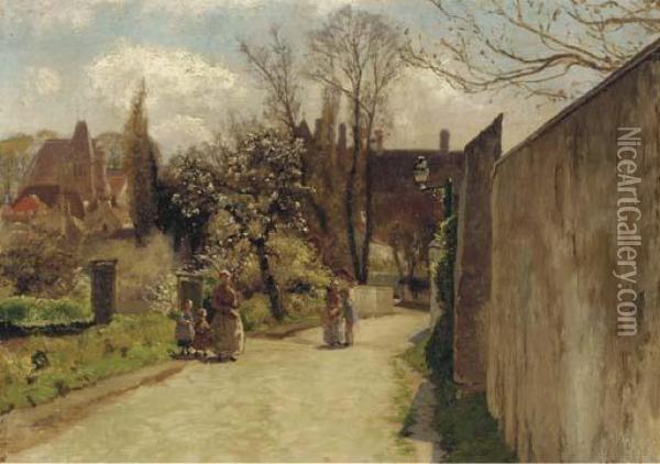 Figures On A Street In Ecouen, Near Paris Oil Painting - William James Laidlay