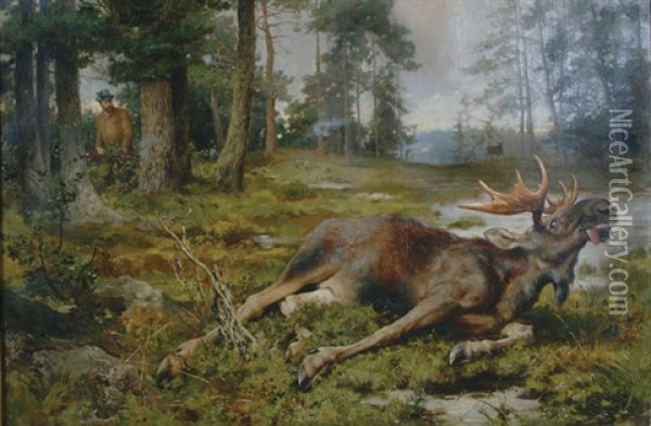 The Moose Hunt Oil Painting - Alfred William Strutt