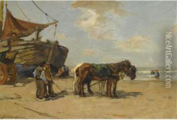 Figures Near A Bomschuit On The Beach Oil Painting - Johannes Evert Akkeringa