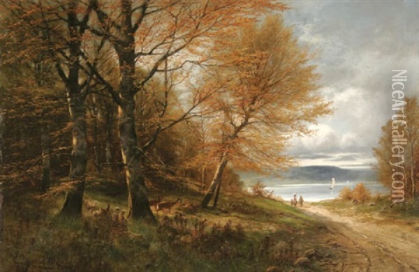 Landscape With Travelers On Path Near Lake And Deer Oil Painting - Eduard Josef Mueller