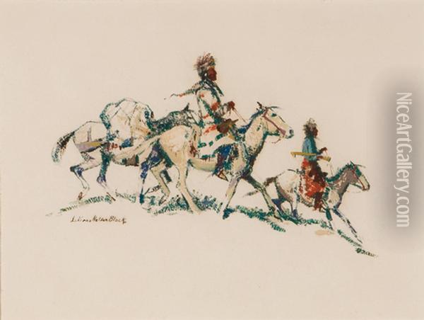 Two Indians On Horseback With Pack Horse Oil Painting - Laverne Nelson Black