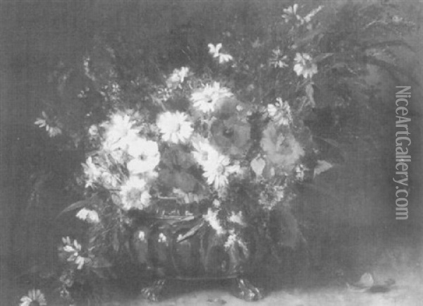 Bouquet De Coquelicots Et Marguerites Dans Un Vase De Cuivre Oil Painting - Camille Renard