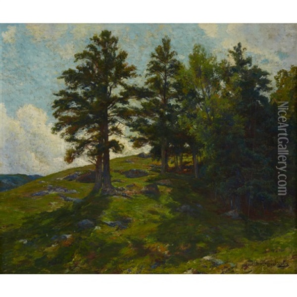 Hilly Landscape With Evergreens Oil Painting - Hugh Bolton Jones
