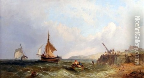 Fishing Boats Off A Coast Oil Painting - James E. Meadows