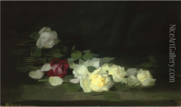 Red, White And Yellow Roses Oil Painting - Stuart James Park