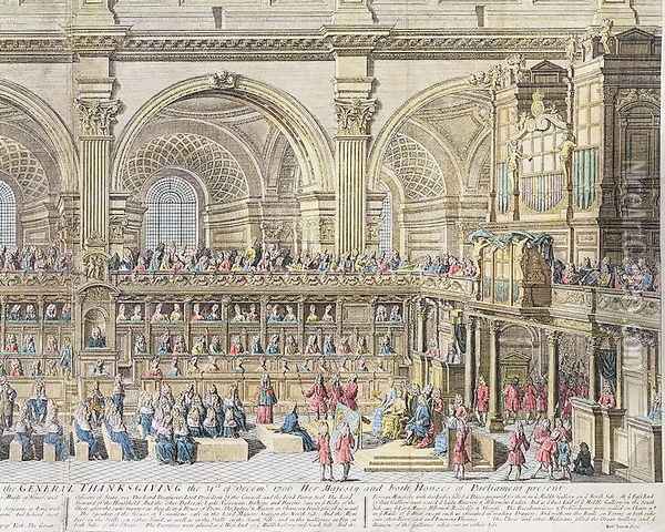 A Prospect of the Choir of the Cathedral Church of St. Paul, on the General Thanksgiving, the 31st of December 1706. Her Majesty and both Houses of Parliament present 2 Oil Painting - Trevett, Robert