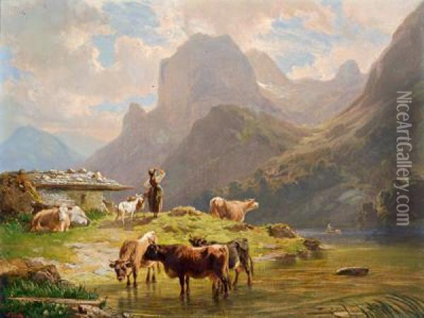 Sennerin Mit Ihrer Herde Auf Der Alm Oil Painting - Friedrich Johann Voltz