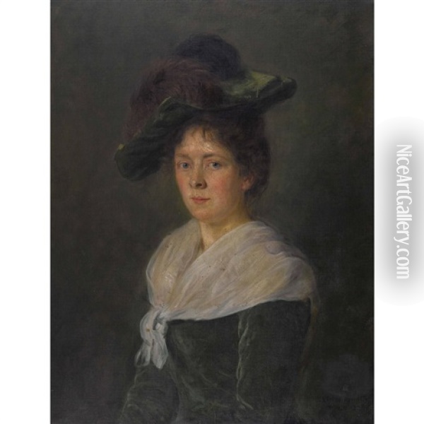 Portrat Einer Eleganten Dame Mit Federhut Oil Painting - Johannes Kleinschmidt