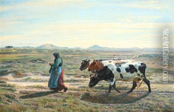 A Heather Landscape A Late Summer's Day With A Peasant Woman And Her Cows Oil Painting - Niels Pedersen Mols