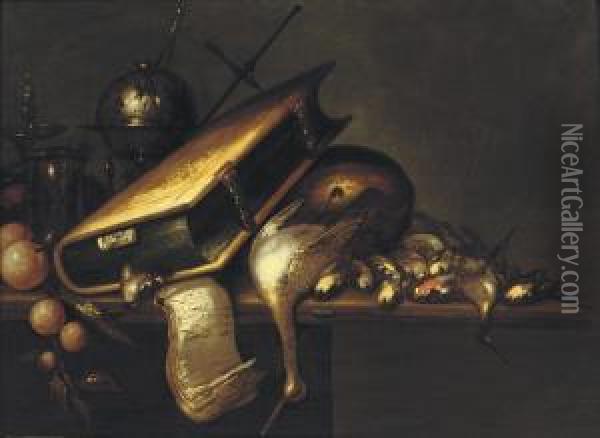 A 'vanitas' With A Book, Birds, Oranges, A Globe, A Candlestick Andan Hourglass On A Wooden Table Oil Painting - Petrus Schotanus