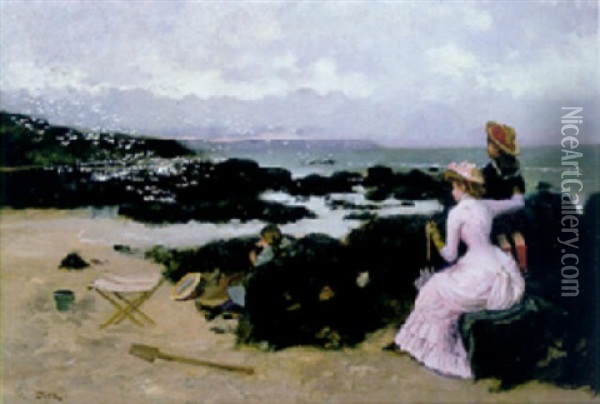 An Elegant Lady With Two Children On The Beach Oil Painting - Ernest-Ange Duez