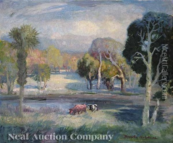 Florida Landscape With Palm Trees And Cows Oil Painting - Bror Anders Wikstrom