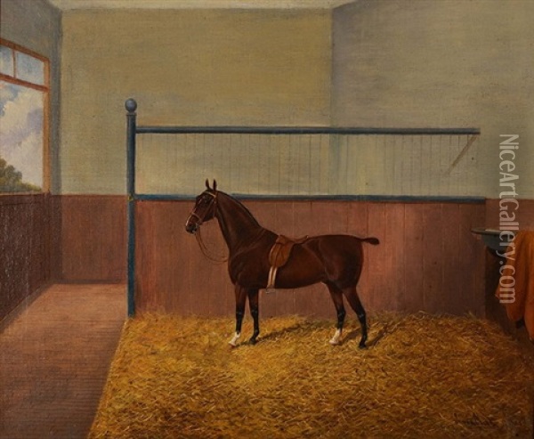 A Bay Hunter In A Stable Oil Painting - James Clark