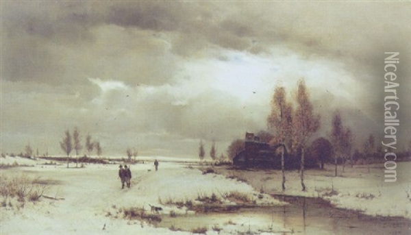 Vinterlandskab Med Jaegere, Der Drager Hjem I Skumringen Oil Painting - Ludwig Lanckow