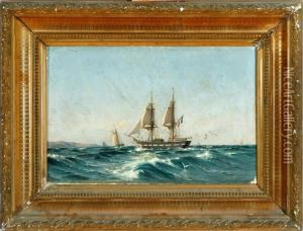 A French Brig Sailong Along A Coast Oil Painting - Carl Wilhelm Barth