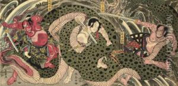 A Triptych Showing Egara No Heita, Slaying A Huge Python-like Serpent, Published By Itoya Yohei In 1805-7, Very Good Impression, Colour And Condition, Full Size; One Triptych, Two Diptychs; And Two Single Prints Of Warriors By Shuntei In Fair To Good Gene Oil Painting - Katsukawa Shuntei