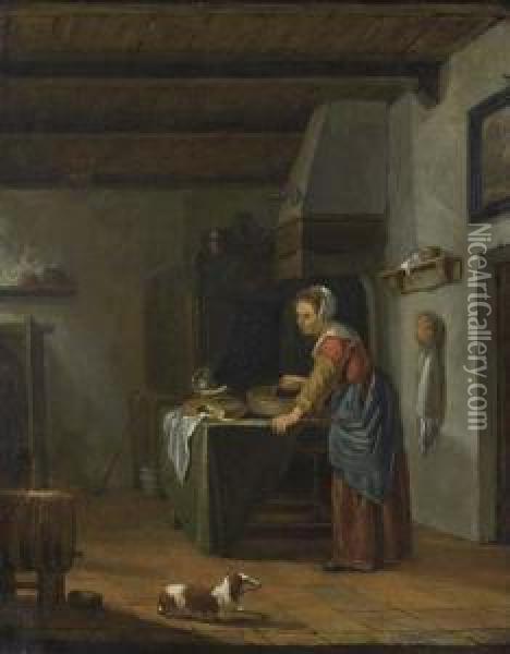 Kitchen Interior With Cook. Oil Painting - Cecil van Haanen