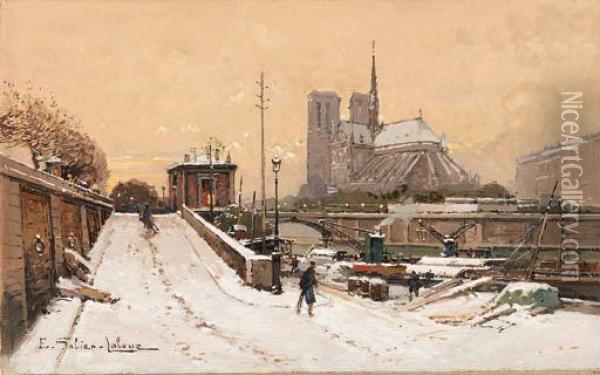 Barges In Winter On The Seine With A View Of Notre Dame In Thedistance Oil Painting - Eugene Galien-Laloue