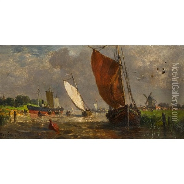 Flusspartie Mit Booten Und Windmuhlen Oil Painting - Robert Schleich