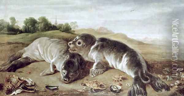 Two Young Seals on the Shore, c.1650 Oil Painting - Paul de Vos