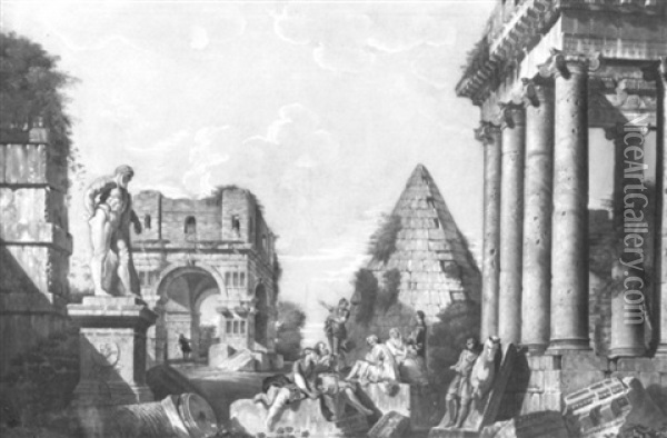 Capriccio Architettonico Con L'arco Di Giano, La Piramide   Cestia E Figure Oil Painting - Giovanni Paolo Panini
