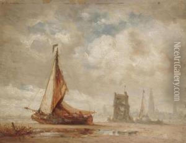 Bank With Fishing Boat At Low Sea Oil Painting - Hendrik Frans Schaefels