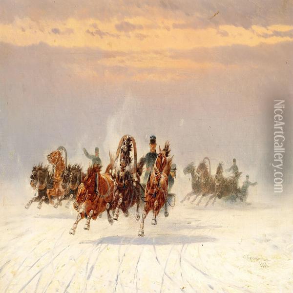 Soldiers On Troikas At High Speed Oil Painting - Petr Nicolaevich Gruzinsky