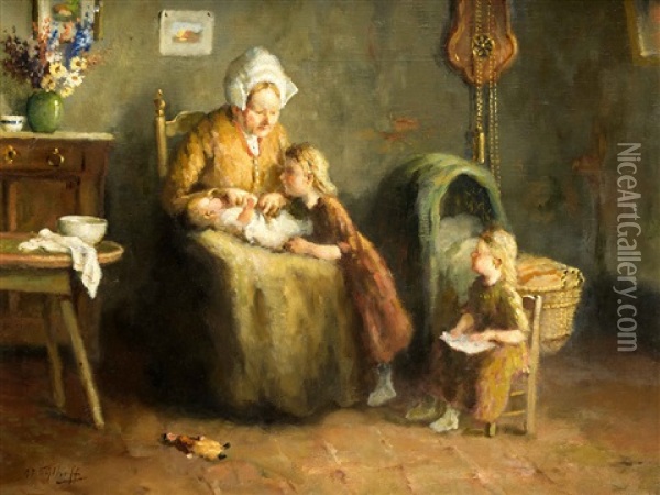 Mutter Mit Drei Kindern In Der Kinderstube Oil Painting - Gijsbertus Jan Sijthoff