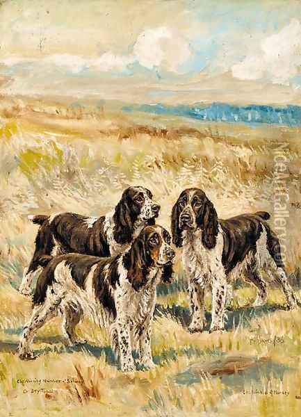 Champion Winning Number of Solway, Champion Dry Toast and Champion Nimble of Hamsey, three springer spaniels in a landscape Oil Painting - Frederick Thomas Daws