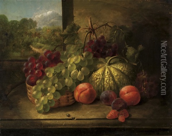 Still Life Of Various Fruit On A Stone Counter, In Front Of An Open Window Looking Out Onto A Tree Filled Landscape Oil Painting - Sebastian Wegmayr